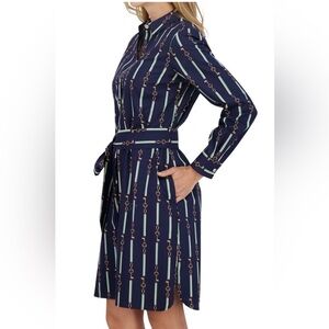 Foxcroft Rocca Keychain Print Preppy Long Sleeve Cotton Shirtdress XL Navy Blue